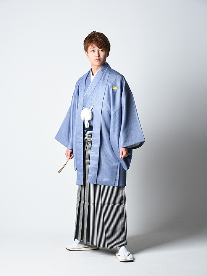 【紋付袴レンタル】グレー無地＋ストライプ袴 （サイズ5号：172cm～176cm）