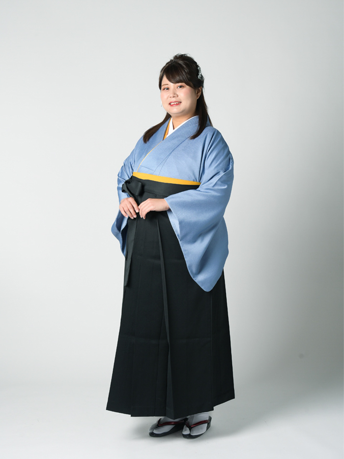【プラスサイズ】【一尺三寸＆袴レンタル】【色無地】引き染め 青＋黒無地袴
