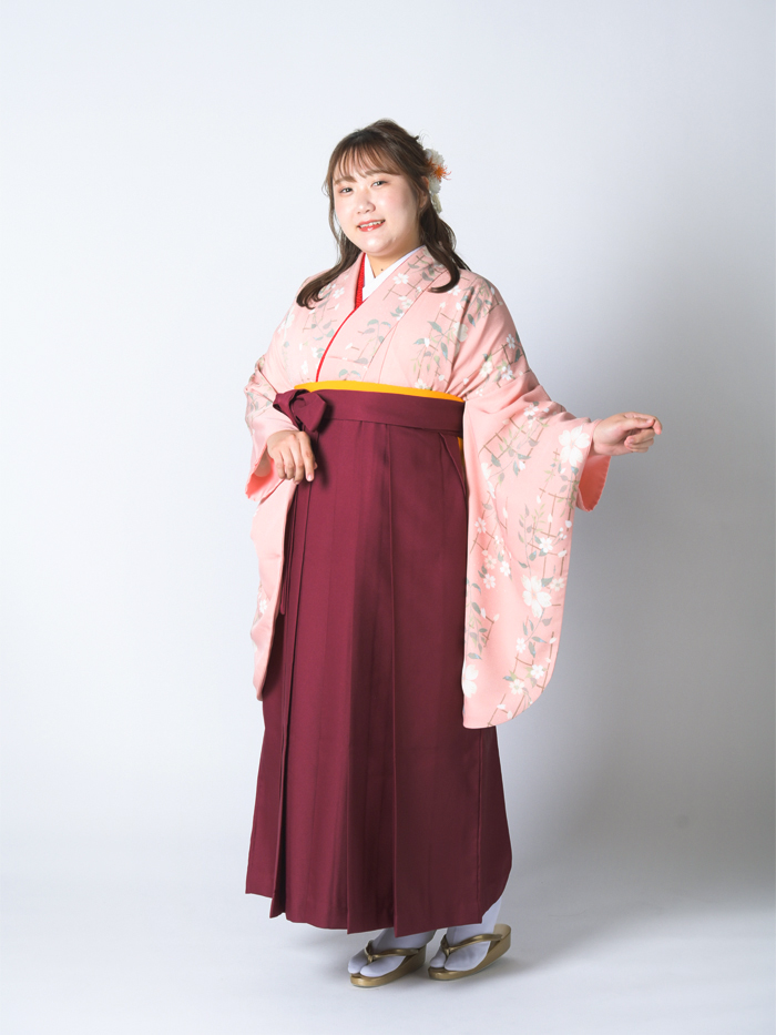 【プラスサイズ】【二尺袖＆袴レンタル】格子 枝垂れ桜＋エンジ無地袴